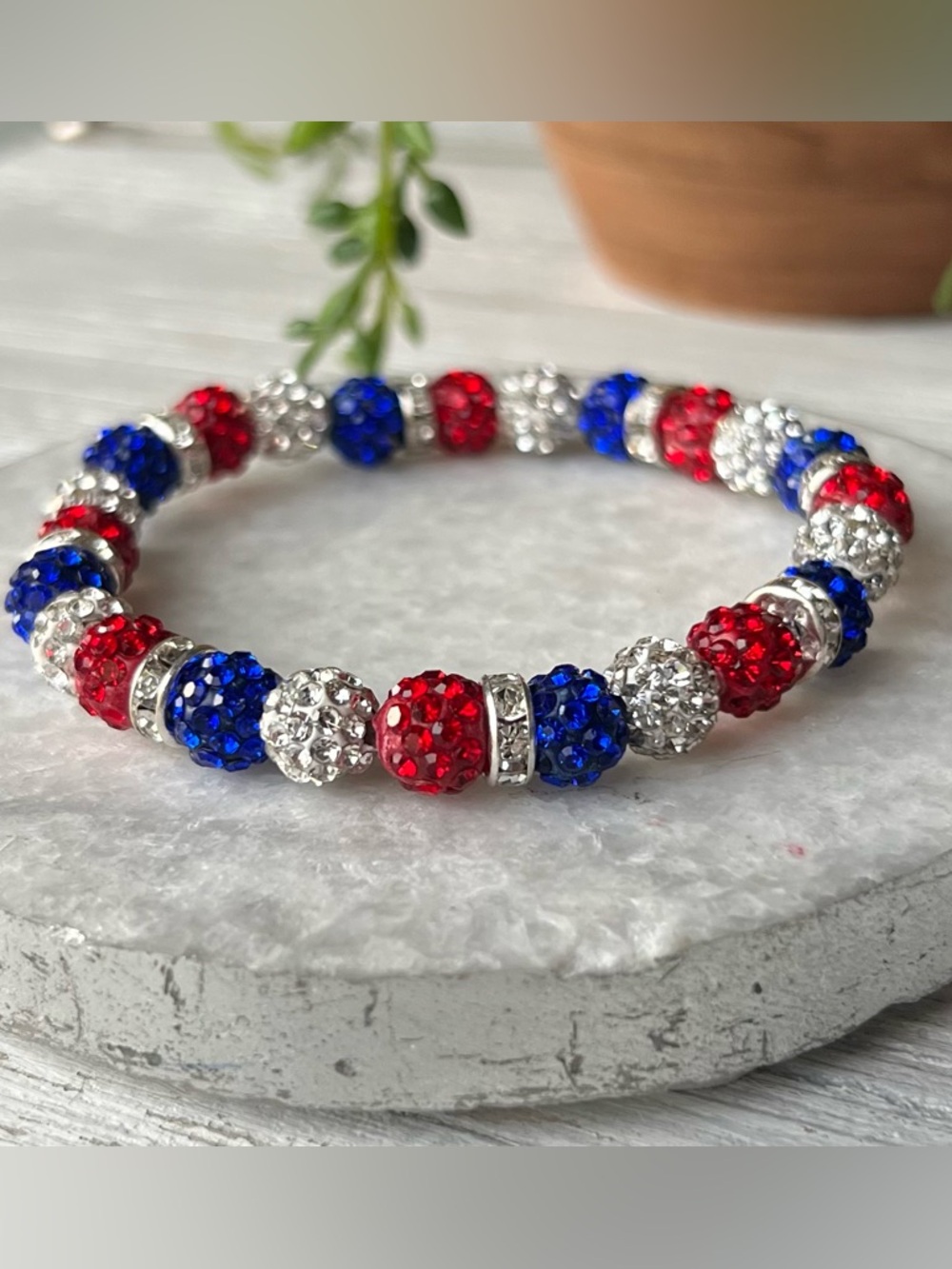 Sparkling Red, White & Blue Crystal Bead Bracelet 7 inch Patriotic Bracelet